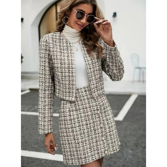 Kadın Uzun Kollu önü Açık Dokuma Ceket Ve Mini Etek Ikili Takım , 28761