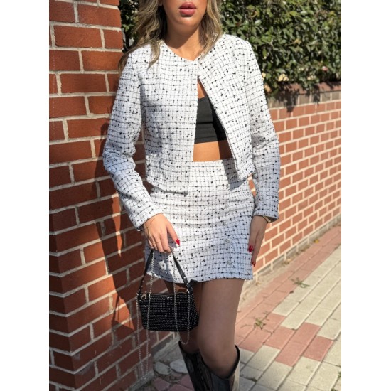 Kadın Uzun Kollu önü Açık Dokuma Ceket Ve Mini Etek Ikili Takım , 28761