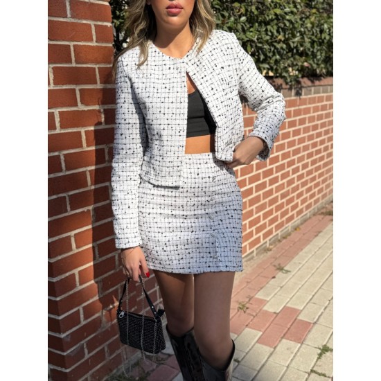 Kadın Uzun Kollu önü Açık Dokuma Ceket Ve Mini Etek Ikili Takım , 28761