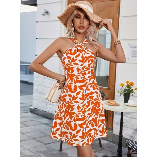 Kadın Boyundan çapraz Askı Damla Detaylı Omuzlardan Açık Desenli Kısa Süprem Elbise , 32188