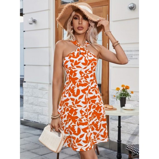 Kadın Boyundan çapraz Askı Damla Detaylı Omuzlardan Açık Desenli Kısa Süprem Elbise , 32188