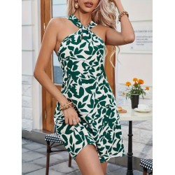 Kadın Boyundan çapraz Askı Damla Detaylı Omuzlardan Açık Desenli Kısa Süprem Elbise , 32187 Kadın Boyundan çapraz Askı Damla Detaylı Omuzlardan Açık Desenli Kısa Süprem Elbise , 32187