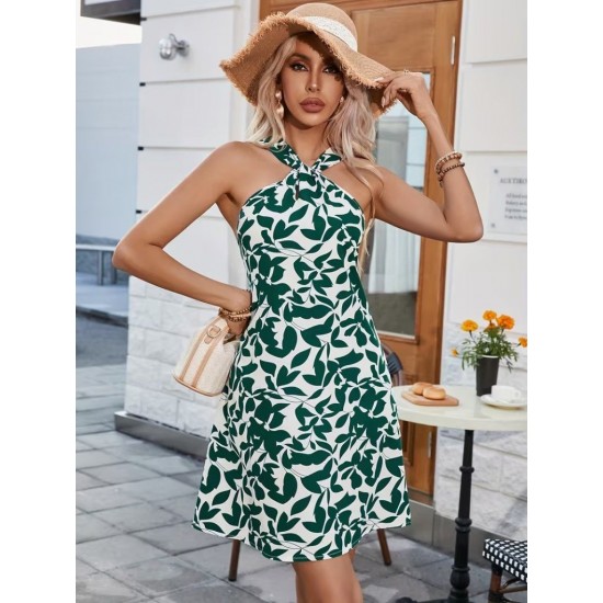 Kadın Boyundan çapraz Askı Damla Detaylı Omuzlardan Açık Desenli Kısa Süprem Elbise , 32187