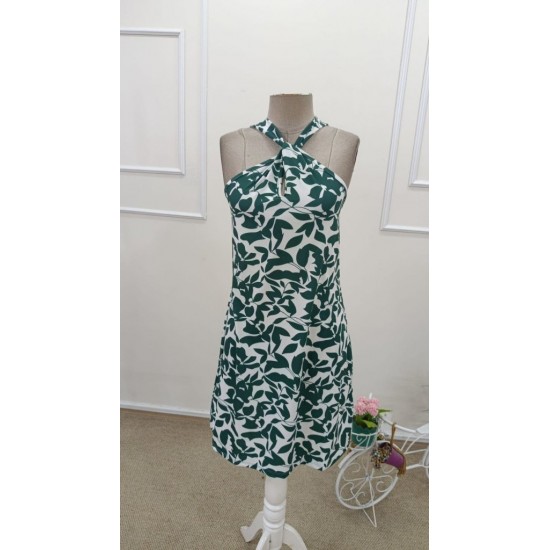 Kadın Boyundan çapraz Askı Damla Detaylı Omuzlardan Açık Desenli Kısa Süprem Elbise , 32187