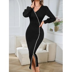 Kadın Uzun Kollu V Yakalı Yırtmaçlı Taşlı Uzun Ithal Krep Elbise, 32184 Kadın Uzun Kollu V Yakalı Yırtmaçlı Taşlı Uzun Ithal Krep Elbise, 32184