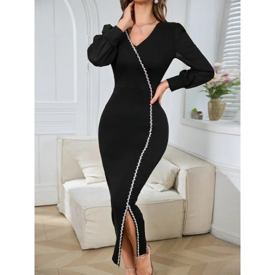 Kadın Uzun Kollu V Yakalı Yırtmaçlı Taşlı Uzun Ithal Krep Elbise, 32184