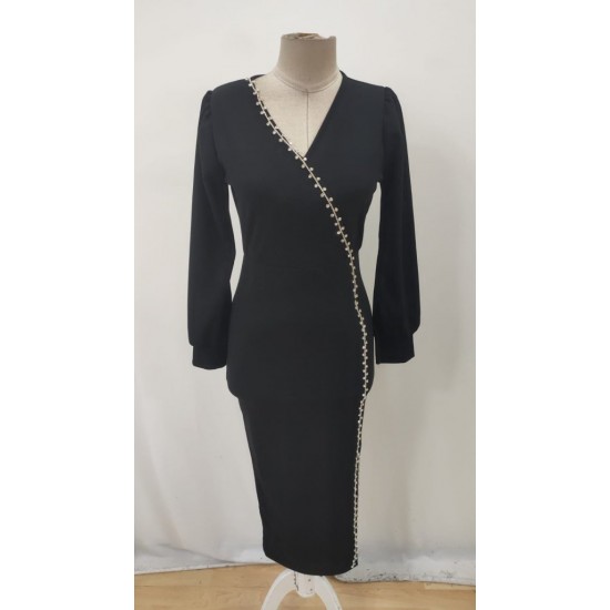 Kadın Uzun Kollu V Yakalı Yırtmaçlı Taşlı Uzun Ithal Krep Elbise, 32184