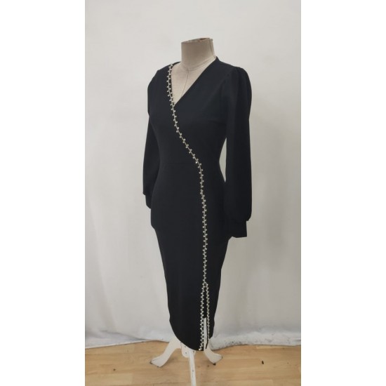 Kadın Uzun Kollu V Yakalı Yırtmaçlı Taşlı Uzun Ithal Krep Elbise, 32184