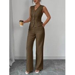 Kadın Askılı önden Düğmeli Bluz Ve Pantolon Keten Ikili Takım, 32196 Kadın Askılı önden Düğmeli Bluz Ve Pantolon Keten Ikili Takım, 32196