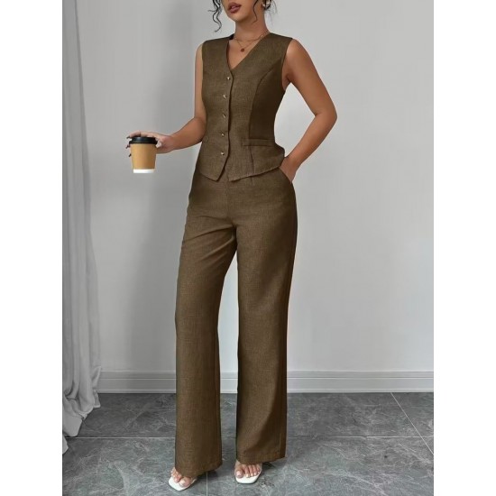 Kadın Askılı önden Düğmeli Bluz Ve Pantolon Keten Ikili Takım, 32196 Kadın Askılı önden Düğmeli Bluz Ve Pantolon Keten Ikili Takım, 32196