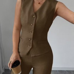 Kadın Askılı önden Düğmeli Bluz Ve Pantolon Keten Ikili Takım, 32196