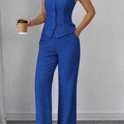 Kadın Askılı önden Düğmeli Bluz Ve Pantolon Keten Ikili Takım, 32195