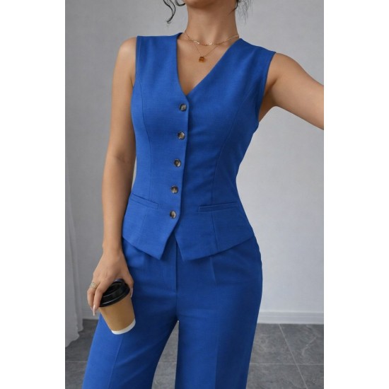 Kadın Askılı önden Düğmeli Bluz Ve Pantolon Keten Ikili Takım, 32195