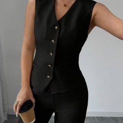 Kadın Askılı önden Düğmeli Bluz Ve Pantolon Keten Ikili Takım, 32193