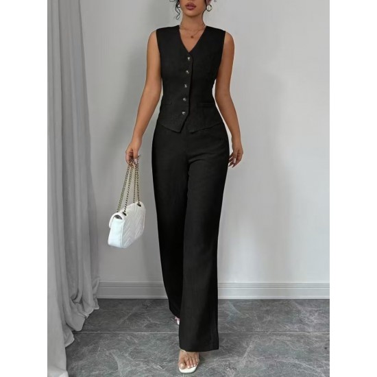 Kadın Askılı önden Düğmeli Bluz Ve Pantolon Keten Ikili Takım, 32193