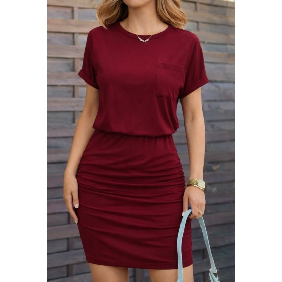Kadın Kısa Kollu Bisiklet Yaka Cep Detaylı Kısa Viskon Elbise , 32202