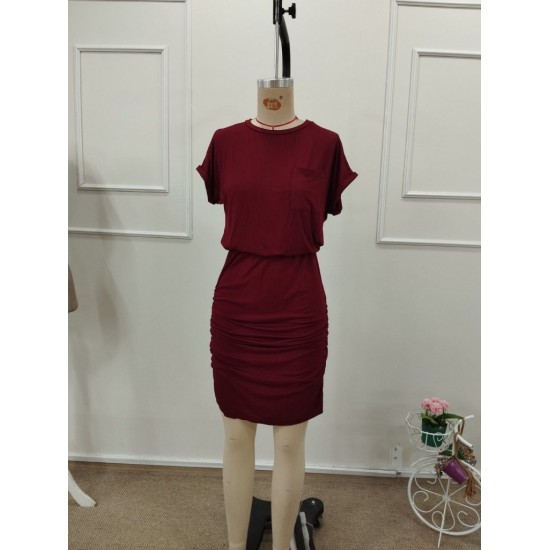 Kadın Kısa Kollu Bisiklet Yaka Cep Detaylı Kısa Viskon Elbise , 32202