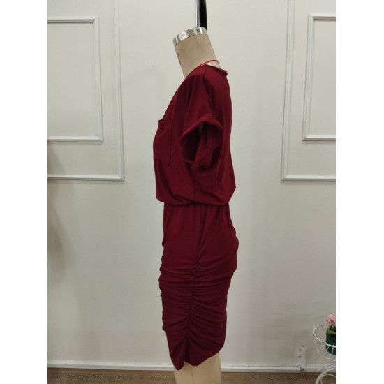 Kadın Kısa Kollu Bisiklet Yaka Cep Detaylı Kısa Viskon Elbise , 32202