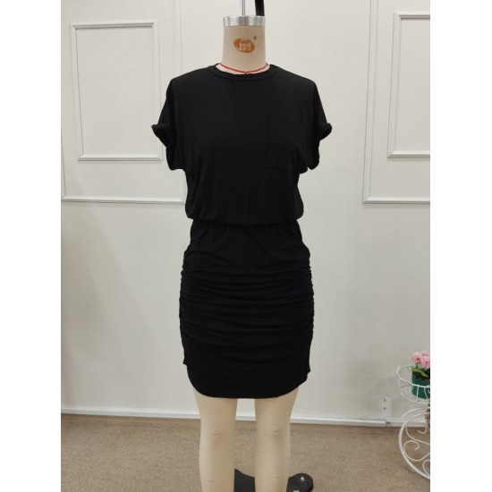 Kadın Kısa Kollu Bisiklet Yaka Cep Detaylı Kısa Viskon Elbise , 32200