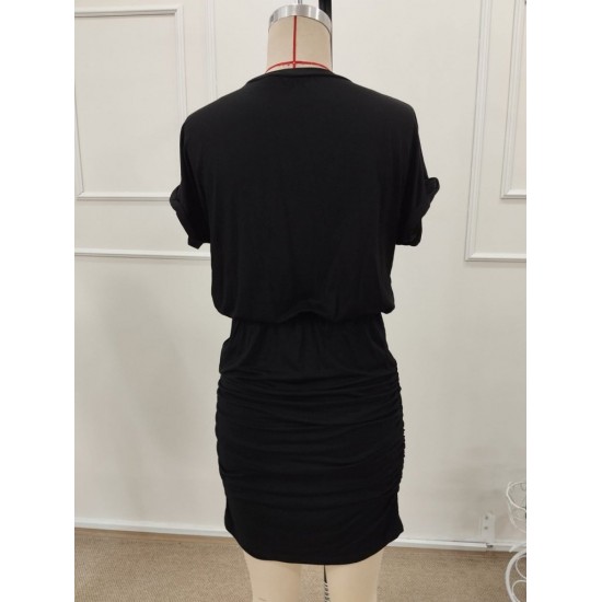 Kadın Kısa Kollu Bisiklet Yaka Cep Detaylı Kısa Viskon Elbise , 32200