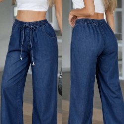 Kadın Yüksek Bel Lastikli Bağcıklı Kot Pantolon , 32199