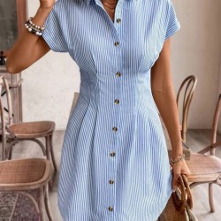 Kadın Kısa Kollu Yakalı önden Düğmeli Kısa Trikoton Elbşse, 32212