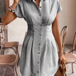 Kadın Kısa Kollu Yakalı önden Düğmeli Kısa Trikoton Elbşse, 32210