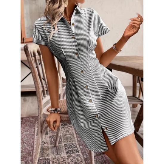 Kadın Kısa Kollu Yakalı önden Düğmeli Kısa Trikoton Elbşse, 32210