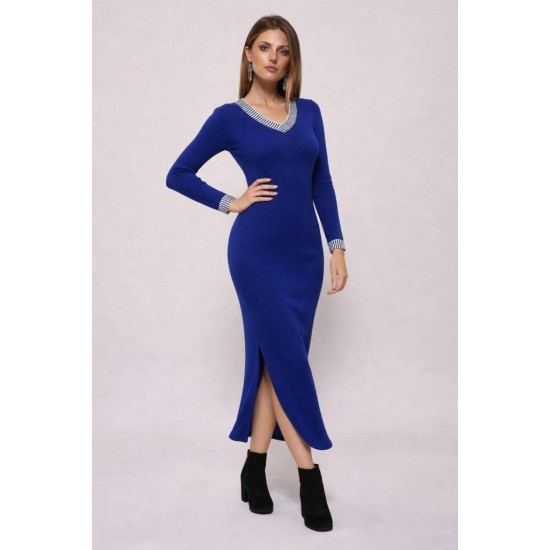 Kadın Uzun Kollu V Yakalı Yanlardan Yırtmaçlı Uzun Viskon Iki Iplik Elbise , 32215