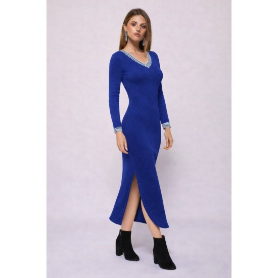 Kadın Uzun Kollu V Yakalı Yanlardan Yırtmaçlı Uzun Viskon Iki Iplik Elbise , 32215