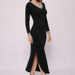 Kadın Uzun Kollu V Yakalı Yanlardan Yırtmaçlı Uzun Viskon Iki Iplik Elbise, 32214 Kadın Uzun Kollu V Yakalı Yanlardan Yırtmaçlı Uzun Viskon Iki Iplik Elbise, 32214