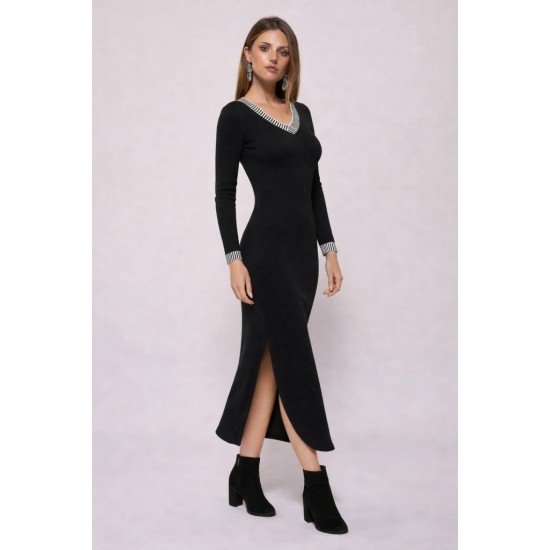 Kadın Uzun Kollu V Yakalı Yanlardan Yırtmaçlı Uzun Viskon Iki Iplik Elbise, 32214