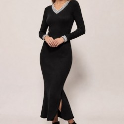 Kadın Uzun Kollu V Yakalı Yanlardan Yırtmaçlı Uzun Viskon Iki Iplik Elbise, 32214