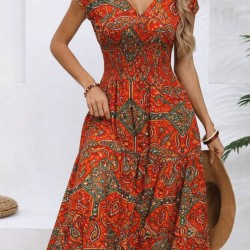 Kadın Kısa Kollu V Yakalı Beli Lastikli Uzun Süprem Elbise , 32213