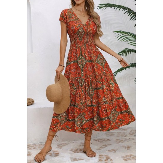 Kadın Kısa Kollu V Yakalı Beli Lastikli Uzun Süprem Elbise , 32213