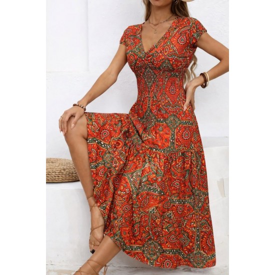 Kadın Kısa Kollu V Yakalı Beli Lastikli Uzun Süprem Elbise , 32213