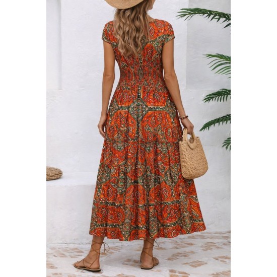 Kadın Kısa Kollu V Yakalı Beli Lastikli Uzun Süprem Elbise , 32213