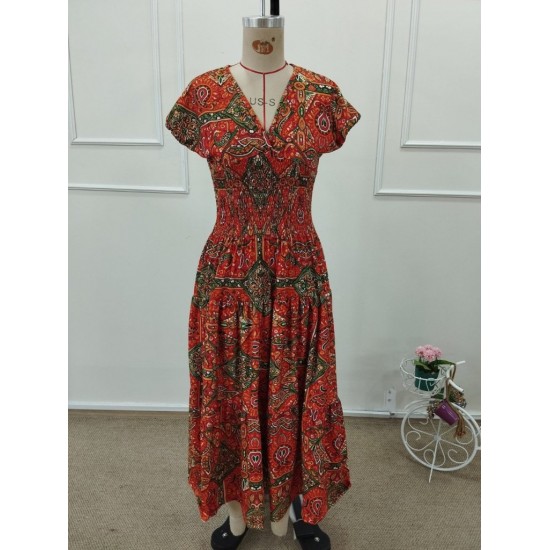 Kadın Kısa Kollu V Yakalı Beli Lastikli Uzun Süprem Elbise , 32213