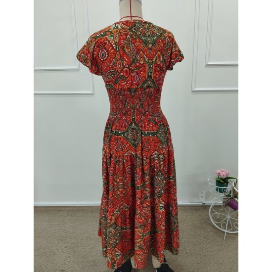 Kadın Kısa Kollu V Yakalı Beli Lastikli Uzun Süprem Elbise , 32213