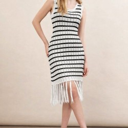 Kadın Kolsuz Eteği Püsküllü çizgi Desen Triko Elbise, 32232 Kadın Kolsuz Eteği Püsküllü çizgi Desen Triko Elbise, 32232