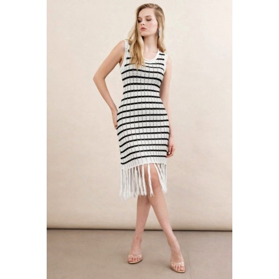 Kadın Kolsuz Eteği Püsküllü çizgi Desen Triko Elbise, 32232
