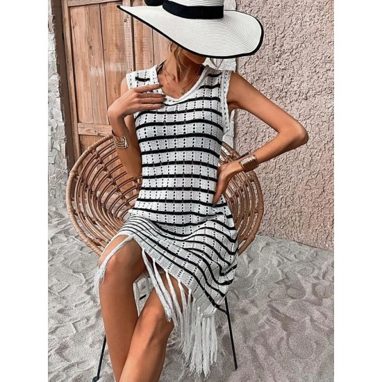 Kadın Kolsuz Eteği Püsküllü çizgi Desen Triko Elbise, 32232 Kadın Kolsuz Eteği Püsküllü çizgi Desen Triko Elbise, 32232