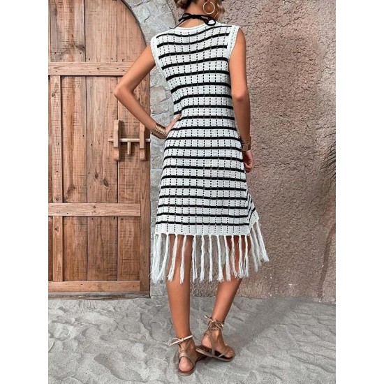 Kadın Kolsuz Eteği Püsküllü çizgi Desen Triko Elbise, 32232 Kadın Kolsuz Eteği Püsküllü çizgi Desen Triko Elbise, 32232