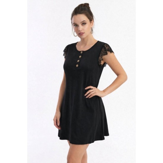 Kadın Kısa Dantel Kollu önden Düğmeli Viskon Elbise , 32231