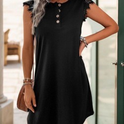 Kadın Kısa Dantel Kollu önden Düğmeli Viskon Elbise , 32231