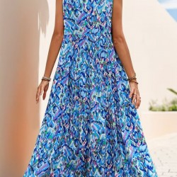 Kadın Askılı Yakası Fırfırlı Bağcıklı Desenli Uzun Süprem Elbise , 32230