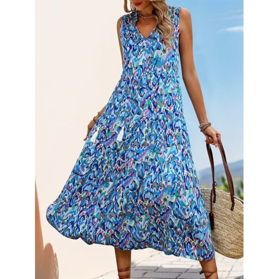 Kadın Askılı Yakası Fırfırlı Bağcıklı Desenli Uzun Süprem Elbise , 32230