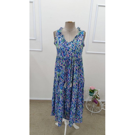 Kadın Askılı Yakası Fırfırlı Bağcıklı Desenli Uzun Süprem Elbise , 32230