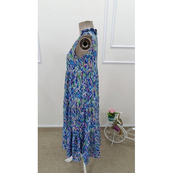 Kadın Askılı Yakası Fırfırlı Bağcıklı Desenli Uzun Süprem Elbise , 32230