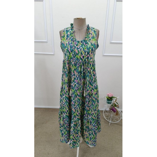 Kadın Askılı Yakası Fırfırlı Bağcıklı Desenli Uzun Süprem Elbise , 32229 Kadın Askılı Yakası Fırfırlı Bağcıklı Desenli Uzun Süprem Elbise , 32229